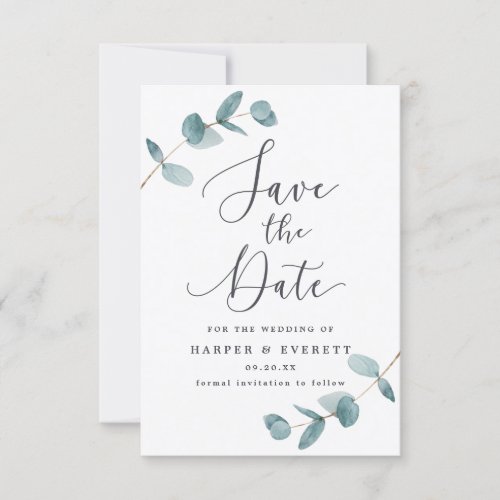 Simple Eucalyptus Leaves  Calligraphy Wedding Save The Date