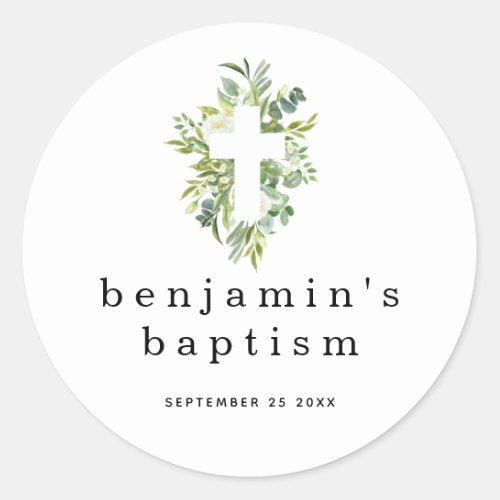 Simple Eucalyptus Leaves Cross Name Date Baptism Classic Round Sticker
