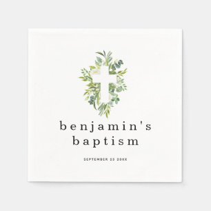 Simple Eucalyptus Leaves Cross Name Date Baptism Napkins