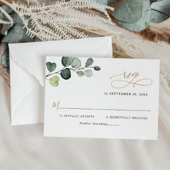 Simple Eucalyptus Leaves Greenery Gold Wedding Rsvp Card by PeachBloome at Zazzle
