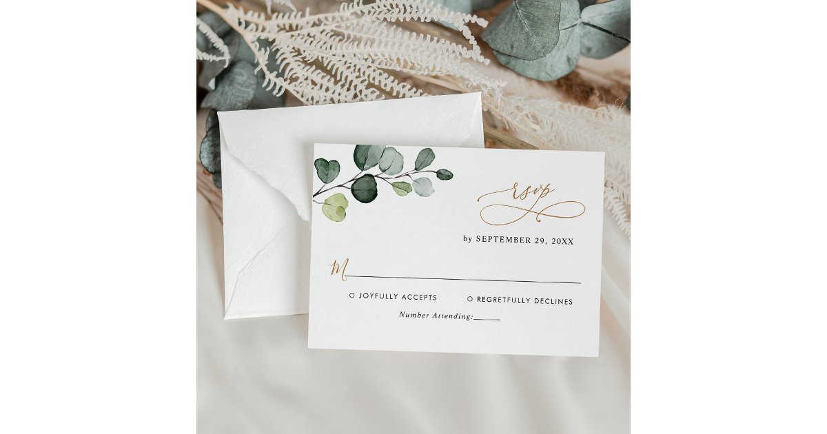 Simple Eucalyptus Leaves Greenery Gold Wedding RSVP Card | Zazzle