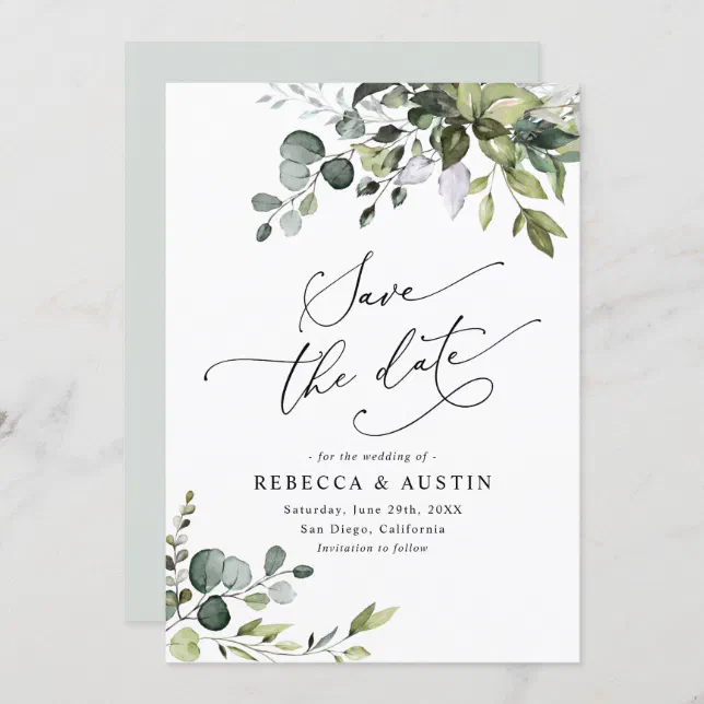 Simple Eucalyptus Leaves Greenery Save the Date Invitation | Zazzle