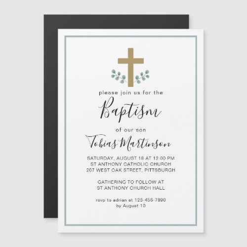Simple Eucalyptus Leaves with Cross Baptism Magnetic Invitation