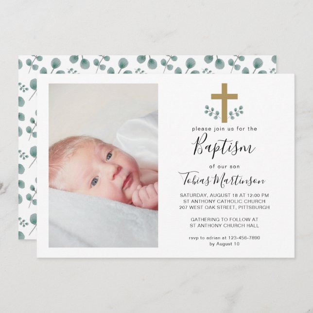 Simple Eucalyptus Leaves with Cross Baptism Photo Invitation (Front/Back)
