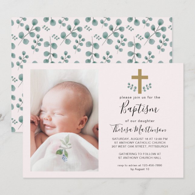 Simple Eucalyptus Leaves with Cross Baptism Photo Invitation (Front/Back)