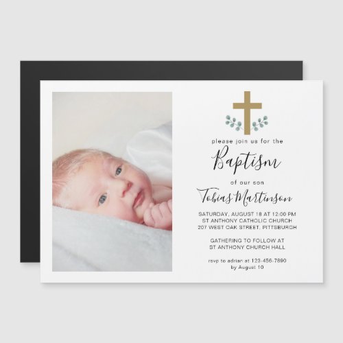 Simple Eucalyptus Leaves with Cross Baptism Photo Magnetic Invitation