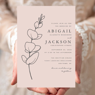 Simple Eucalyptus Line Drawing Blush Pink Wedding Invitation