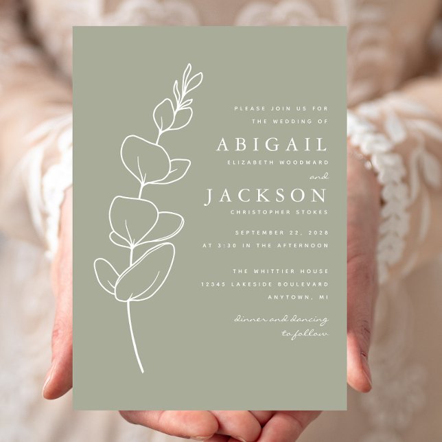 Simple Eucalyptus Line Drawing Sage Green Wedding Invitation (Creator Uploaded)