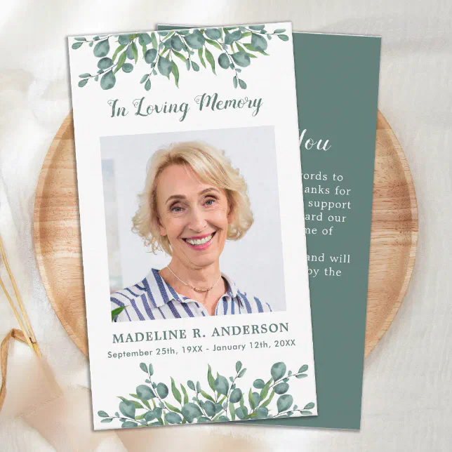 Simple Eucalyptus Memorial Photo Funeral Thank You Note Card | Zazzle