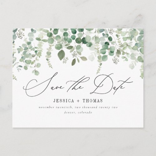 Simple Eucalyptus Modern Calligraphy Save The Date Announcement Postcard