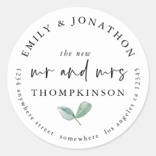 Simple Eucalyptus Newlyweds Return Name Address Classic Round Sticker