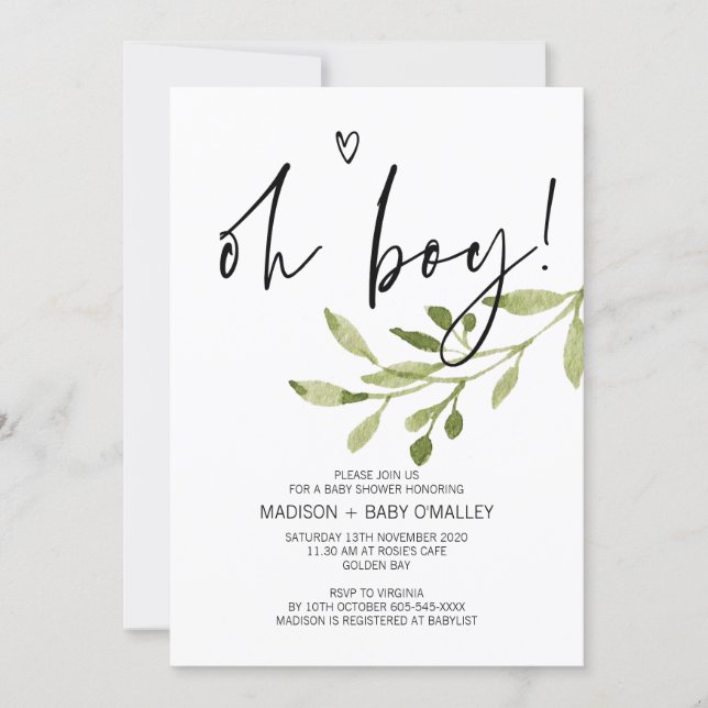 Simple Eucalyptus Oh Boy Baby Shower Party Invitation (Front)