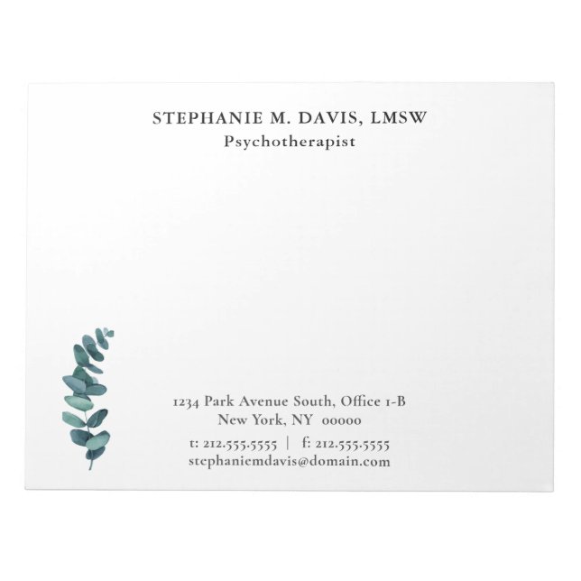 Simple Eucalyptus Personalized Therapist Notepad (Front)