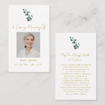 Simple Eucalyptus Photo Funeral Prayer Card