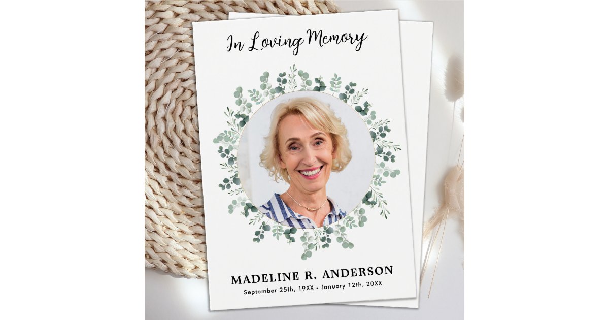 Simple Eucalyptus Photo Funeral Prayer Card | Zazzle