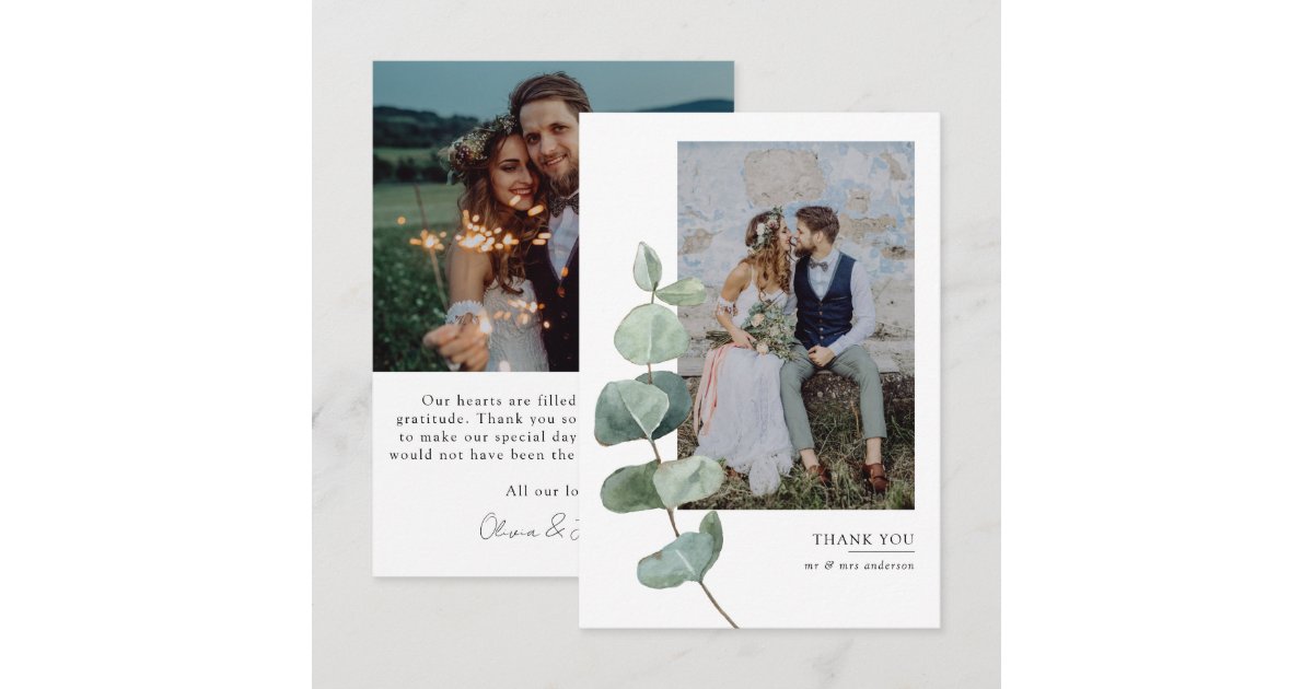 Simple Eucalyptus Photo Wedding Thank You Card | Zazzle