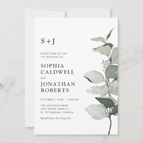 Simple Eucalyptus QR Code Monogram Wedding Invitation