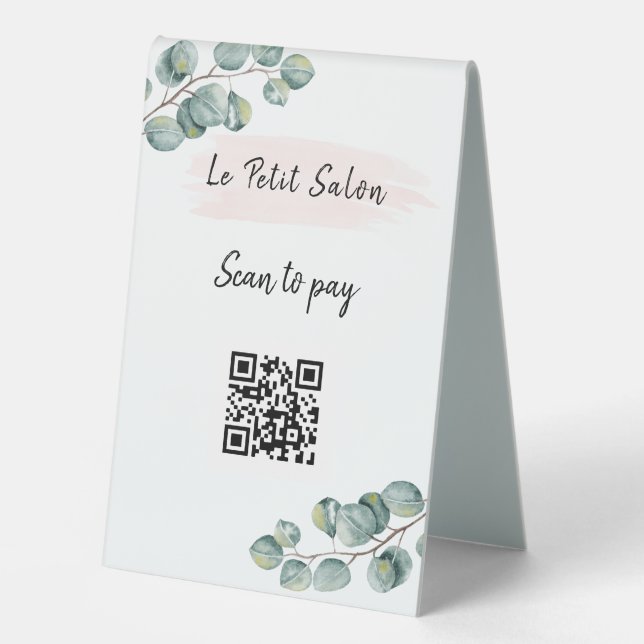 Simple  Eucalyptus QR Code Scan to Pay Salon   Table Tent (Front)