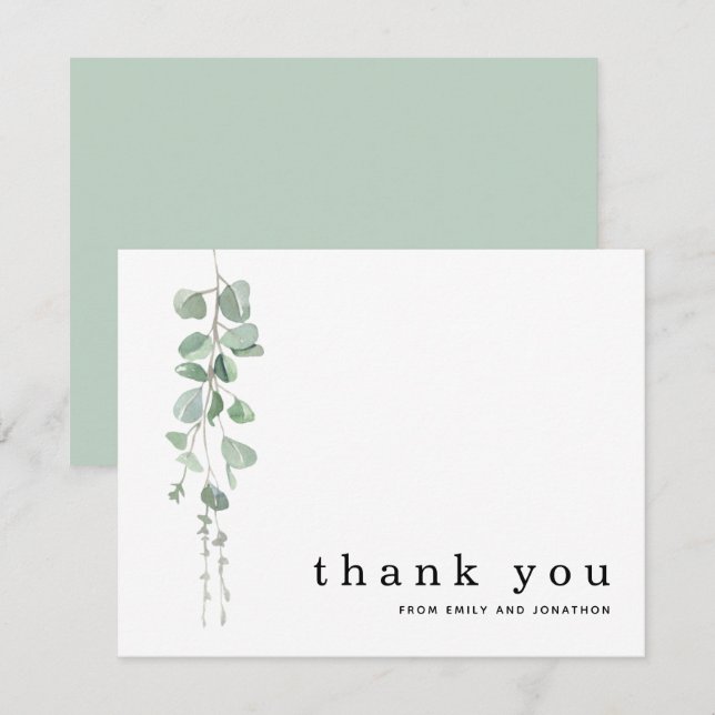Simple Eucalyptus Sage Names Wedding Thank You  Note Card (Front/Back)