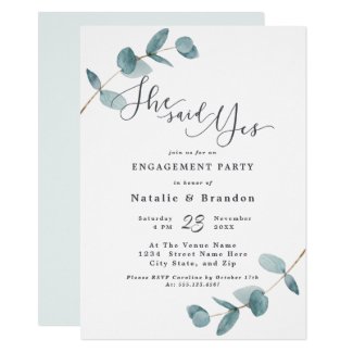 Simple Eucalyptus She Said Yes Engagement Party Invitation