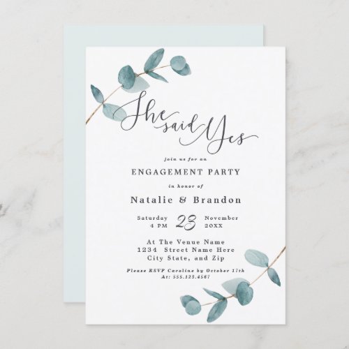 Simple Eucalyptus She Said Yes Engagement Party Invitation