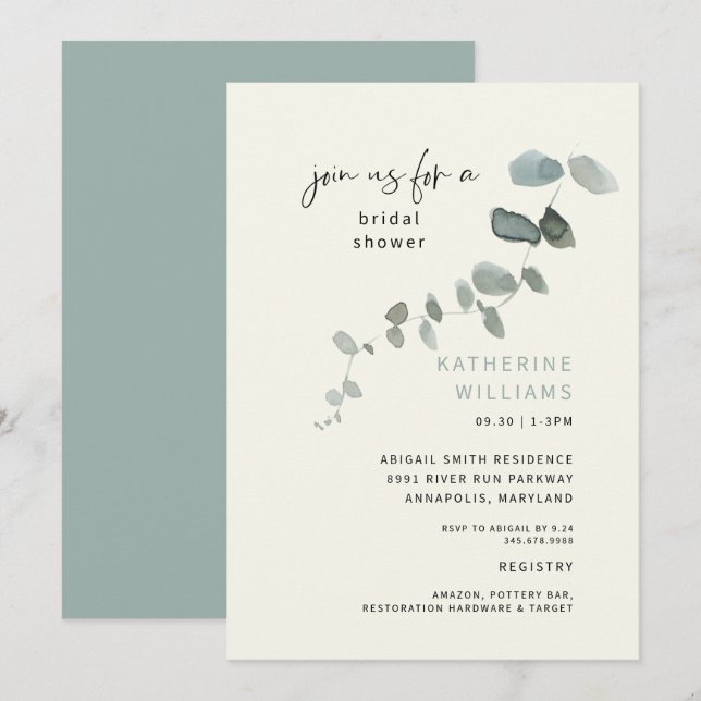 Simple Eucalyptus Teal & Cream Bridal Shower Invitation (Front/Back)