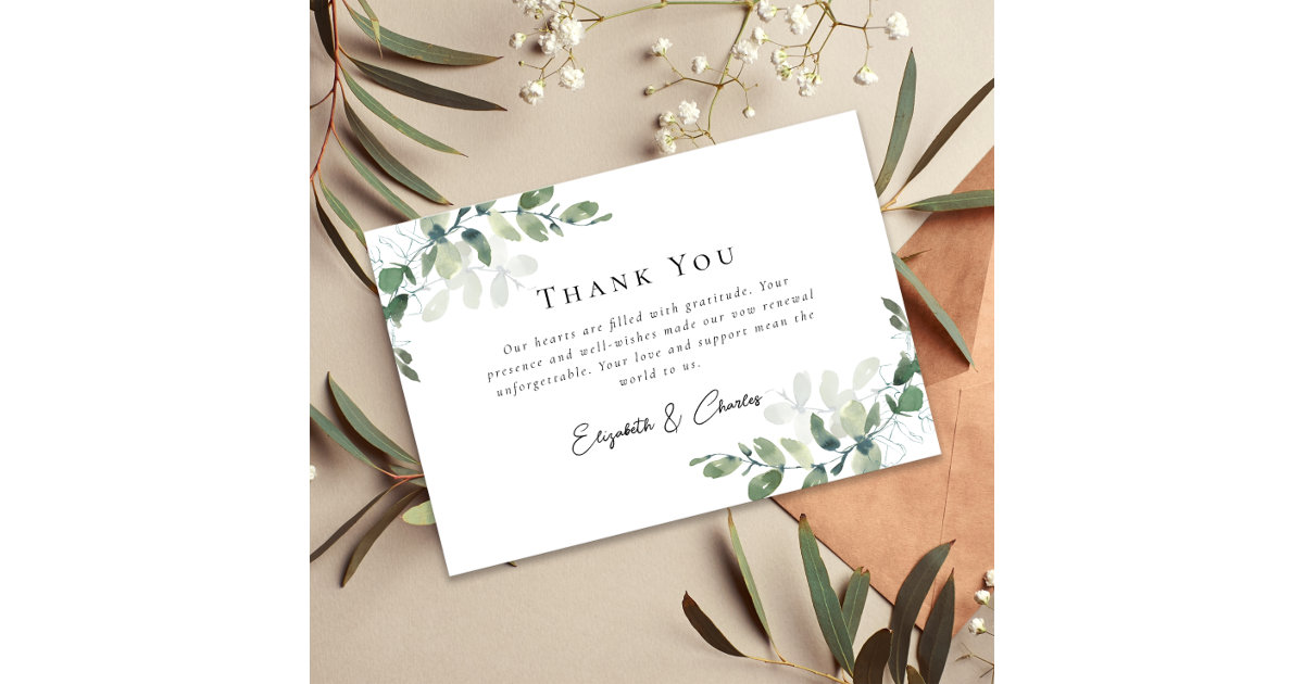 Simple Eucalyptus Vow Renewal Thank You Card | Zazzle