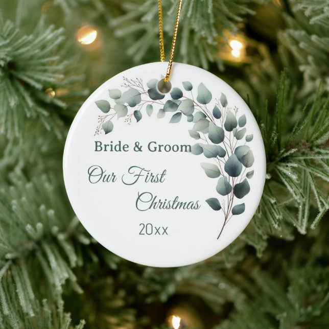 Simple Eucalyptus Wedding  First Christmas Ceramic Ornament (Tree)