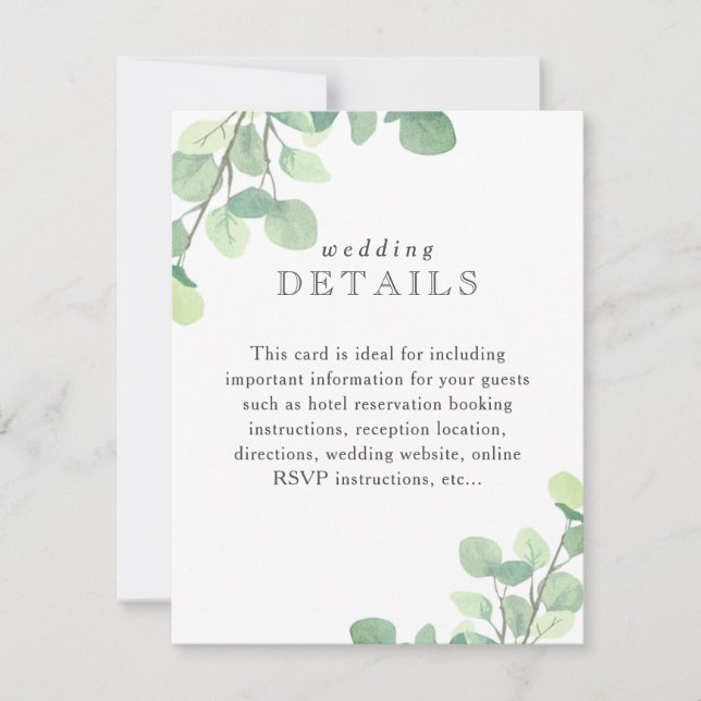 Simple Eucalyptus Wedding Guest Details Info Card (Front)