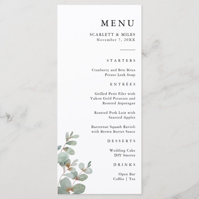 Simple Eucalyptus Wedding Menu (Front)