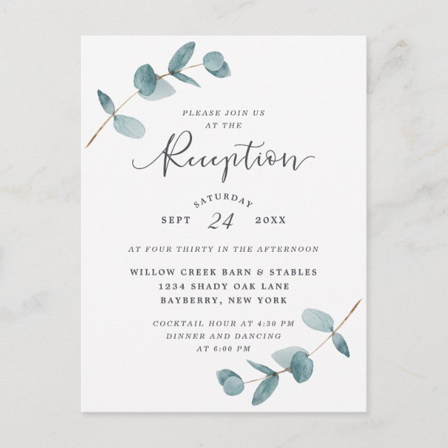 Simple Eucalyptus Wedding Reception Invitation (Front)