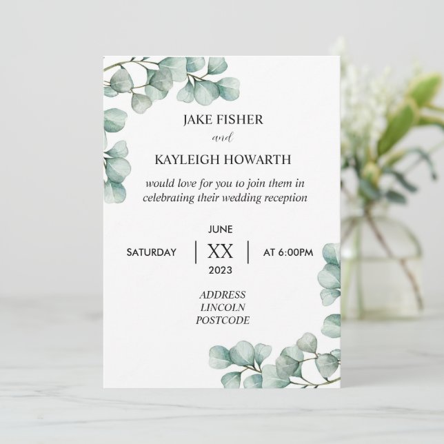 Simple Eucalyptus Wedding Reception Invitation  (Standing Front)