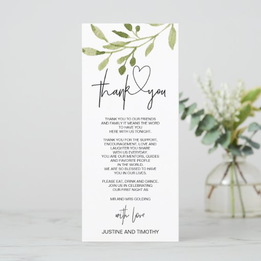 Simple Eucalyptus Wedding Thank You Table Setting Menu | Zazzle