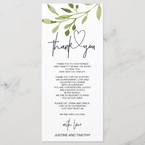 Simple Eucalyptus Wedding Thank You Table Setting Menu