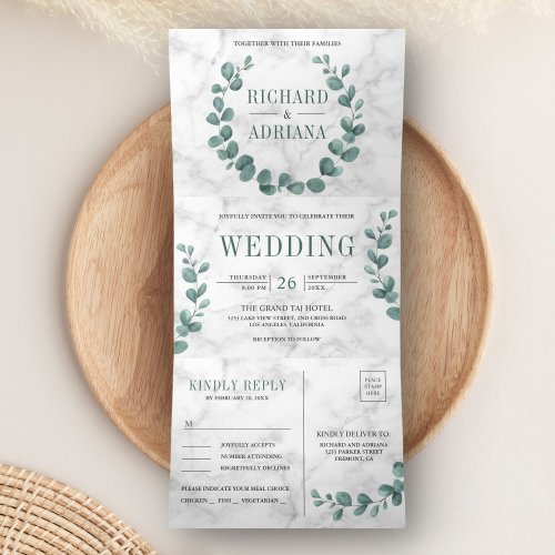 Simple Eucalyptus Wreath All in One Marble Wedding Tri_Fold Invitation