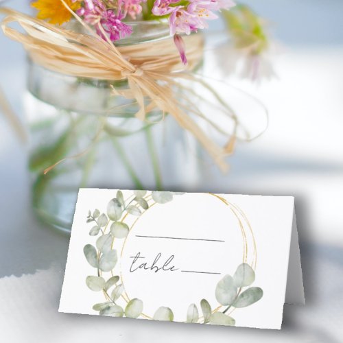 Simple Eucalyptus wreath  Gold Wedding Place Card
