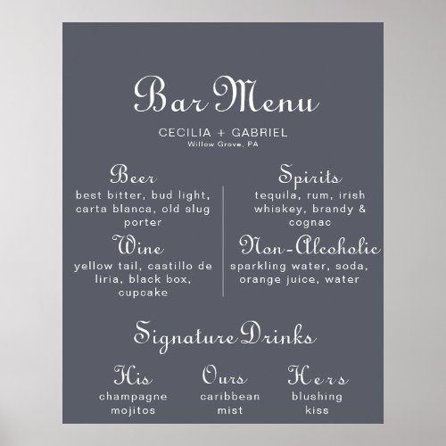 Simple Evening Boho Wedding Bar Menu Poster