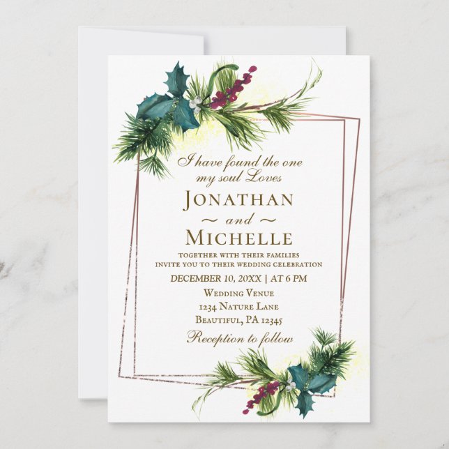 Simple Evergreen Geometric Frame Christian Wedding Invitation (Front)