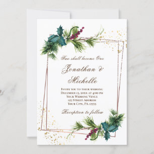 Simple Evergreen Gold Frame Christian Wedding Invitation