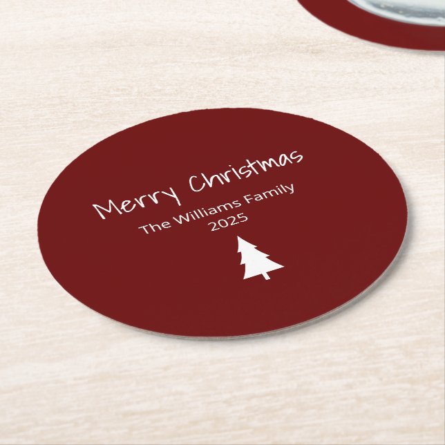 Simple Evergreen Modern Merry Christmas Red Round Paper Coaster (Angled)