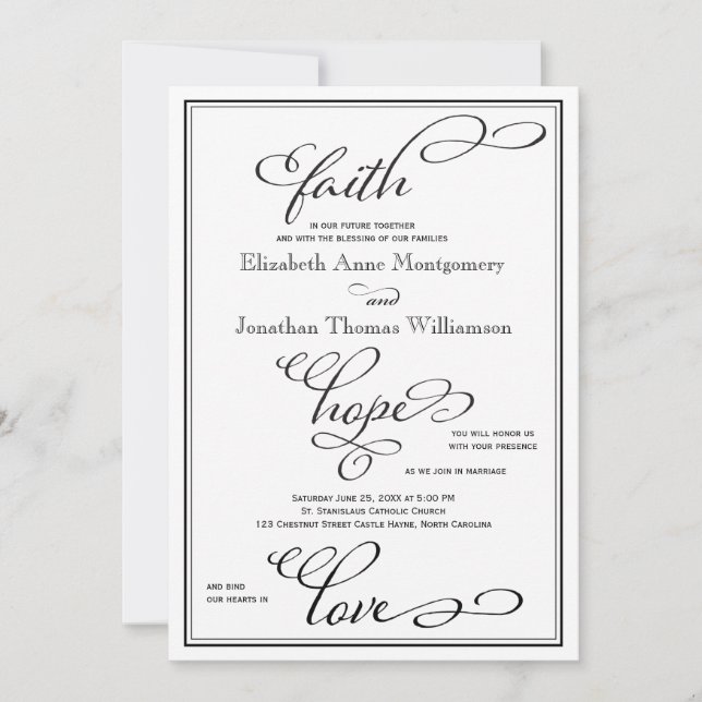 Simple Faith Hope Love Script Wedding Invitation (Front)
