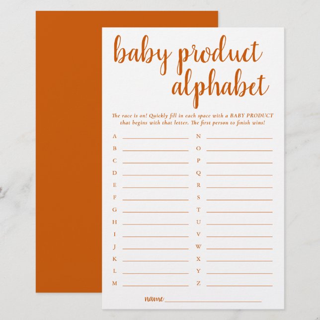Simple Fall ABC Product | Burnt Orange Shower Game (Front/Back)