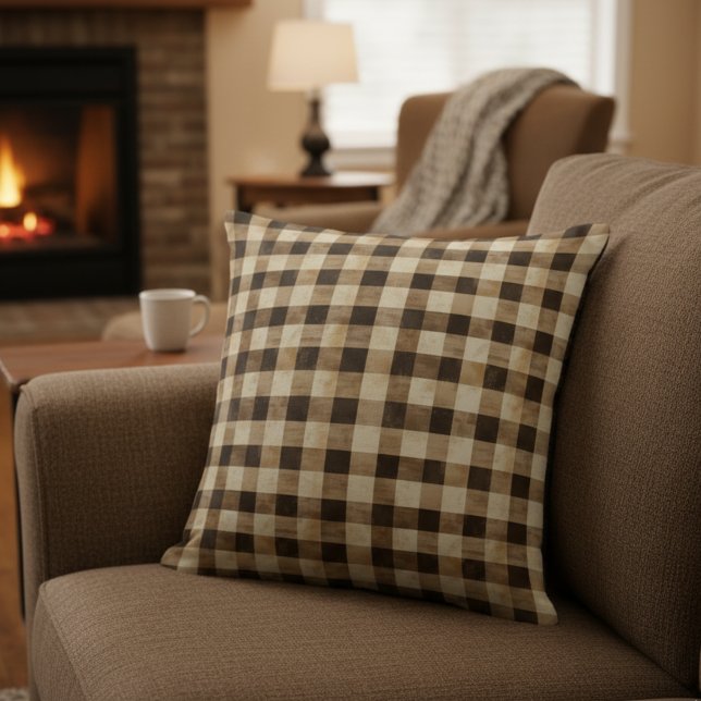 Simple Fall Brown Plaid Gingham Throw Pillow (Creator Uploaded)