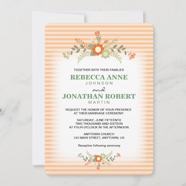 Simple Fall Floral Peach Stripes Wedding Invitation (Front)