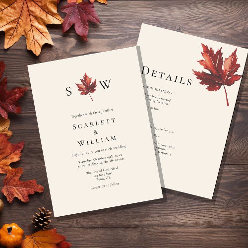 Simple Fall Leaf Cream Monogram All In One Wedding Invitation