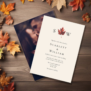Simple Fall Leaf Cream Monogram Photo Wedding Invitation