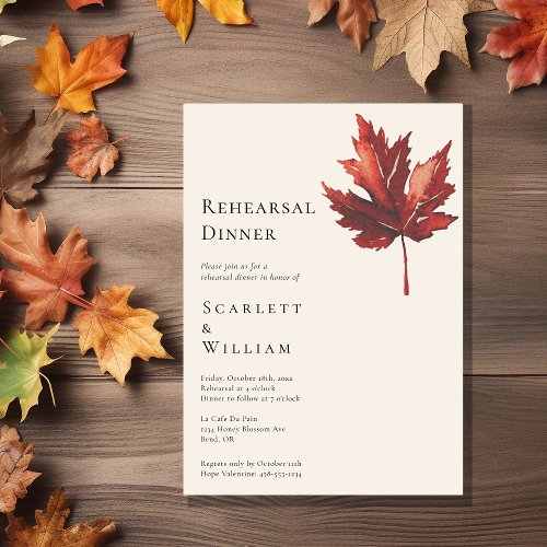 Simple Fall Leaf Cream Wedding Rehearsal Dinner Invitation