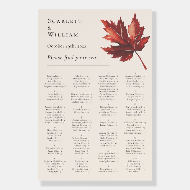 Simple Fall Leaf Cream Wedding Seating Chart Sign (Front)