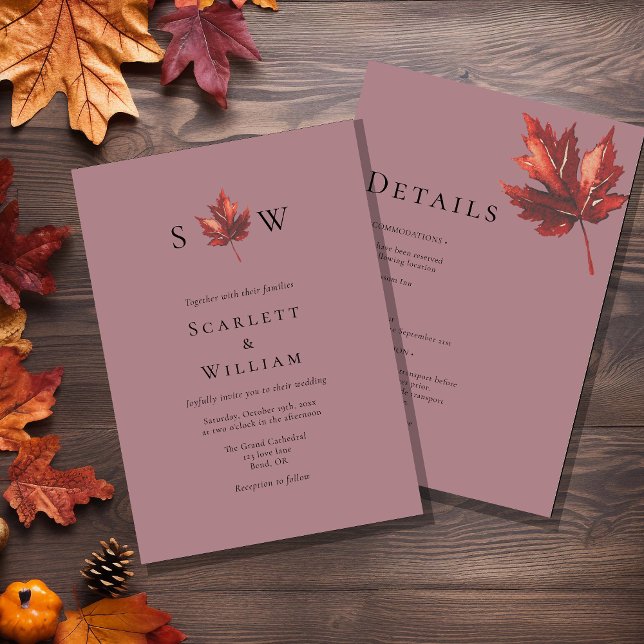 Simple Fall Leaf Mauve Monogram All In One Wedding Invitation (Creator Uploaded)