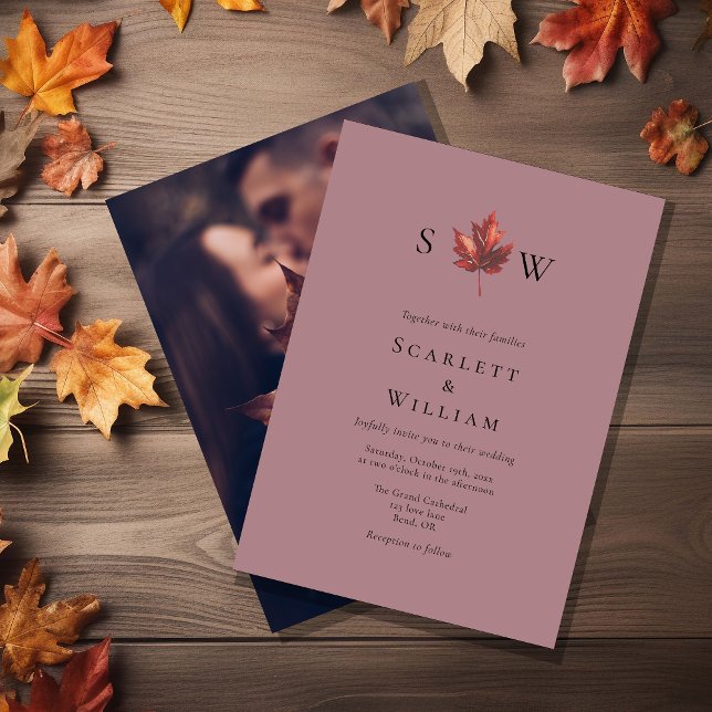 Simple Fall Leaf Mauve Monogram Photo Wedding Invitation (Creator Uploaded)